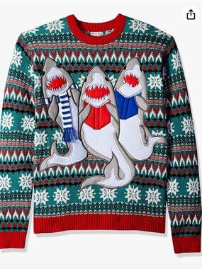 Blizzard Bay Ugly Christmas Sweater featuring 3D Caroling Sharks XL NWT